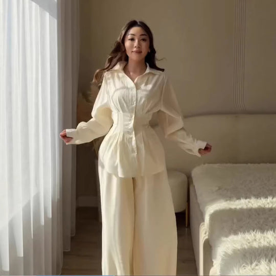 Damen Elegantes zweiteiliges Satin-Loungewear-Set mit taillierter Bluse und weitem Hosenbein Shop Nory