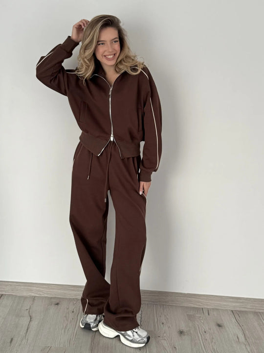 Damen lockerer Zip-Trainingsanzug mit kontrastpaspel, weitem Bein und elastischem Tunnelzugbund Shop Nory