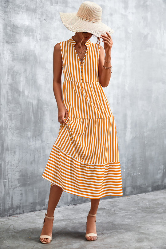 Damen Maxikleid mit gestreiftem Design, durchgehendem Knopfverschluss und voluminösem Saum