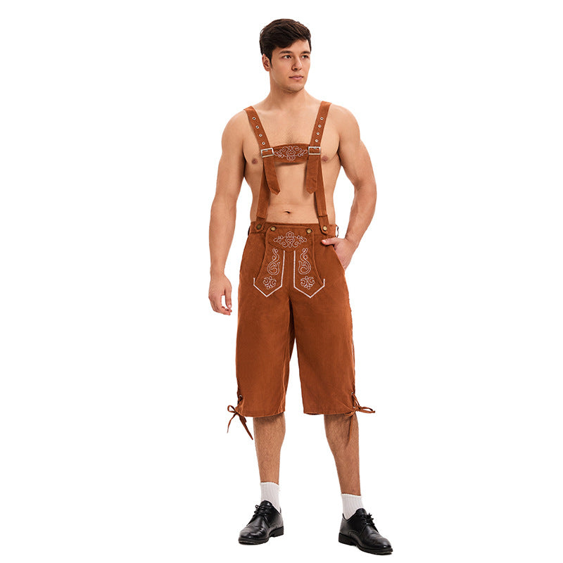 Herren nan knielange traditionelle Lederhose mit besticktem Brustlatz und verstellbaren Trägern Shop Nory
