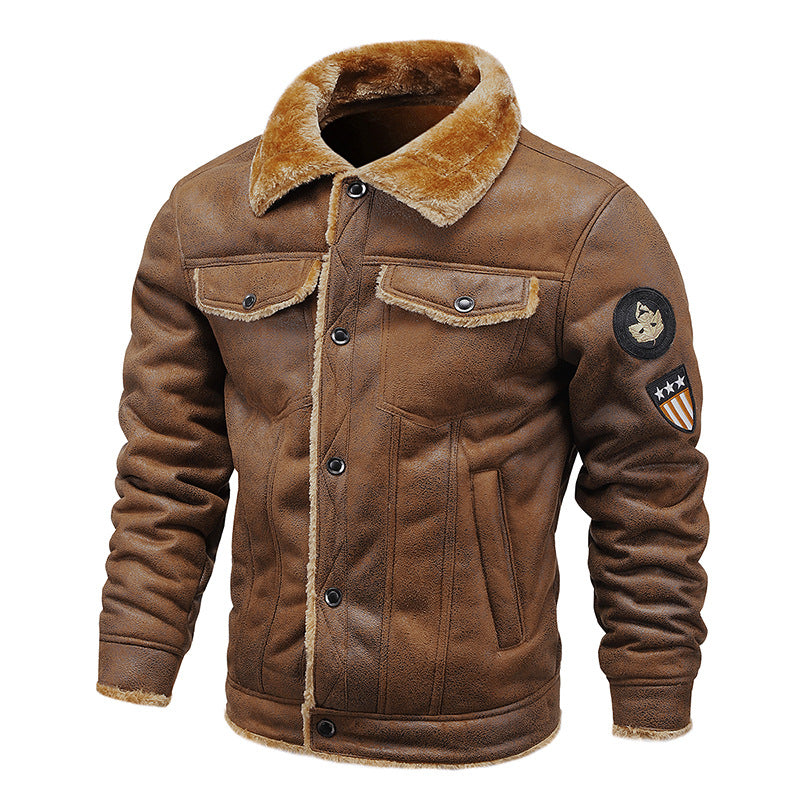 Herren Fliegerjacke aus Kunstleder mit Teddyfell-Futter und Aufnäher Shop Nory