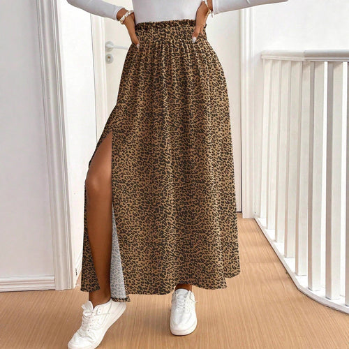 Damen Maxirock mit hohem Schlitz und Leopardendruck Shopnory