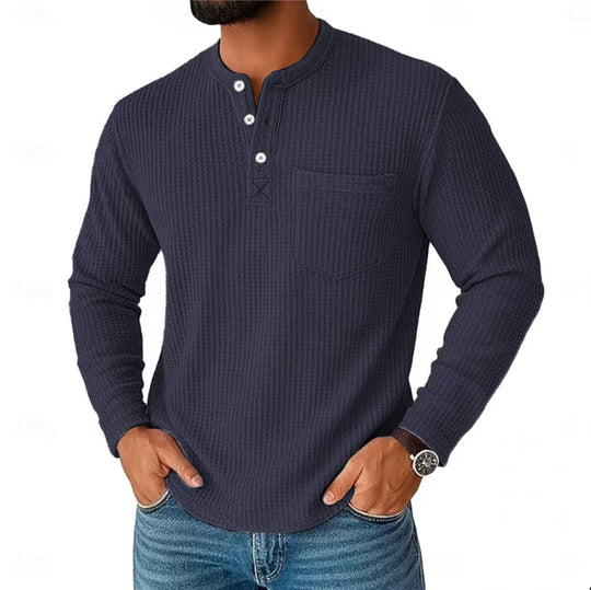 Herren Langarm Henley mit Waffelstruktur und Brusttasche thermisches Langarmshirt Shop Nory