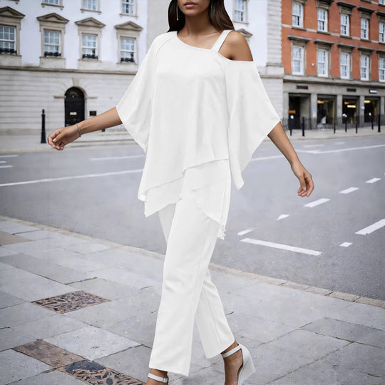Damen Elegantes Chiffon-Zweiteiler mit Lagen‑Tunika, asymmetrischem Ein‑Schulter‑Detail und weiter Palazzohose Shop Nory