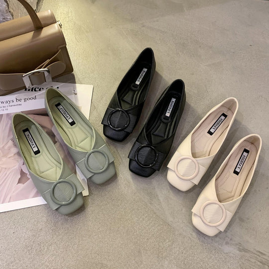 Damen Elegante Slipper-Ballerinas mit quadratischer Zehenpartie und dekorativer Rundschließe Shop Nory