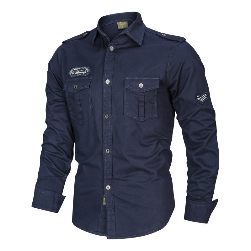 Herren Militärisches Baumwollhemd mit Schulterklappen, Pattentaschen und Stickpatches Shop Nory