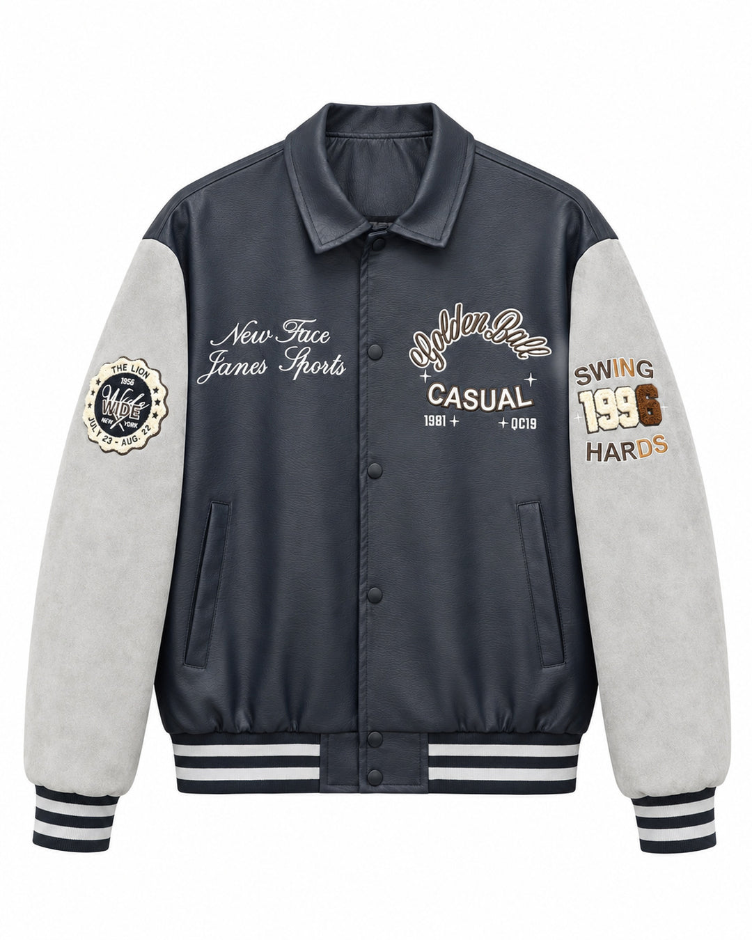 Herren Varsity-Lederoptik Collegejacke mit Kontrastärmeln, gestickten Patches und geripptem Saum Shop Nory
