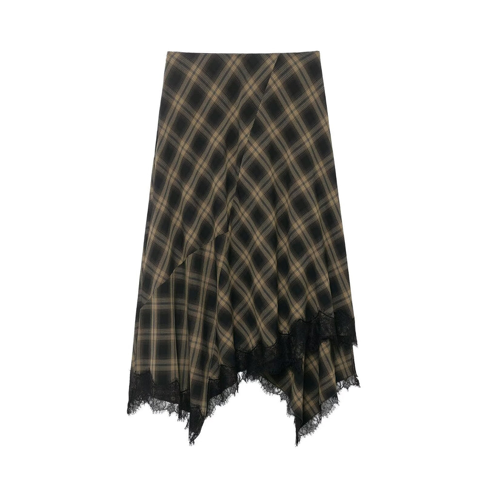 Damen Wickelrock mit eleganter Spitze und modernem Karomuster