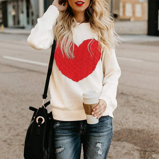 Damen Strickpullover mit Herzapplikation, Rippbündchen und legerer Passform Shop Nory