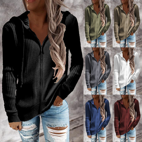 Damen Gerippter Kapuzenpullover mit Reißverschluss und Eingrifftaschen Shop Nory