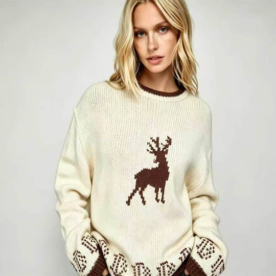 Damen Oversize Strickpullover mit Hirschintarsie, Rundhalsausschnitt und Norwegerbündchen Shop Nory
