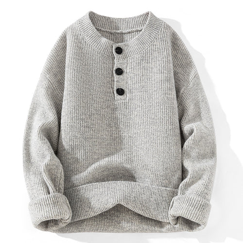 Unisex Grobstrick-Henley-Pullover mit halber Knopfleiste und Rippstruktur Shop Nory