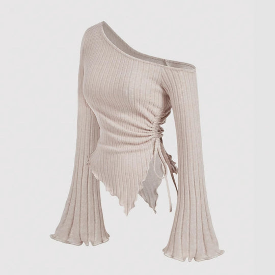 Damen Schulterfreies Rippstrick-Top mit asymmetrischem Saum, Glockenärmeln und Taillen-Schnürung Shop Nory