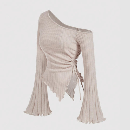 Damen Schulterfreies Rippstrick-Top mit asymmetrischem Saum, Glockenärmeln und Taillen-Schnürung Shop Nory