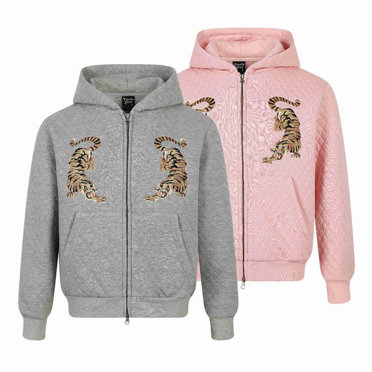 Unisex Gesteppte Kapuzenjacke mit Reißverschluss, Kängurutasche und spiegelnder Tiger‑Stickerei Shop Nory