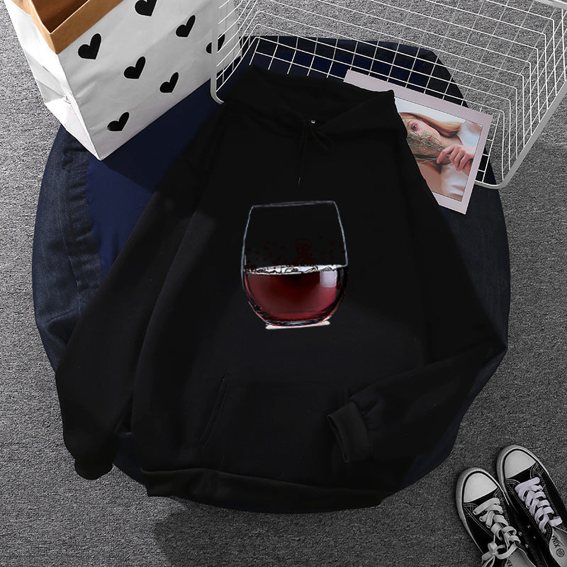 Damen nan lässiger Kapuzenhoodie mit fotorealistischer Weinglas‑Grafik, Kängurutasche und weichem Fleece Shop Nory