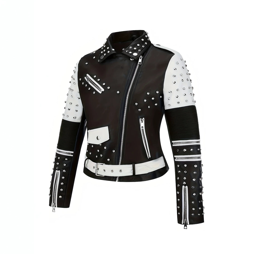 Damen Nietenbesetzte Bikerjacke aus Kunstleder mit Taillengürtel Shop Nory