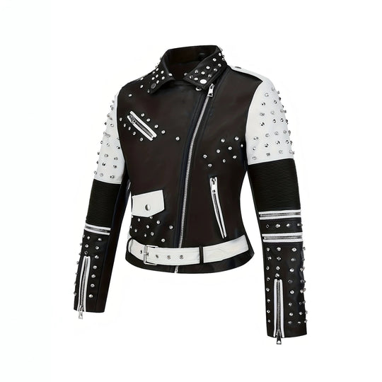 Damen Nietenbesetzte Bikerjacke aus Kunstleder mit Taillengürtel Shop Nory
