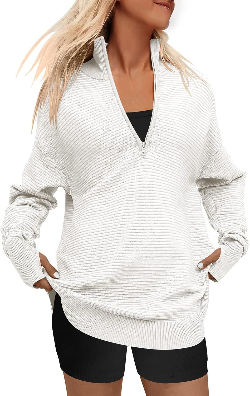 Damen Oversize-Feinstrickpullover mit halbem Reißverschluss, Stehkrragen und Daumenloch-Ärmeln Shop Nory