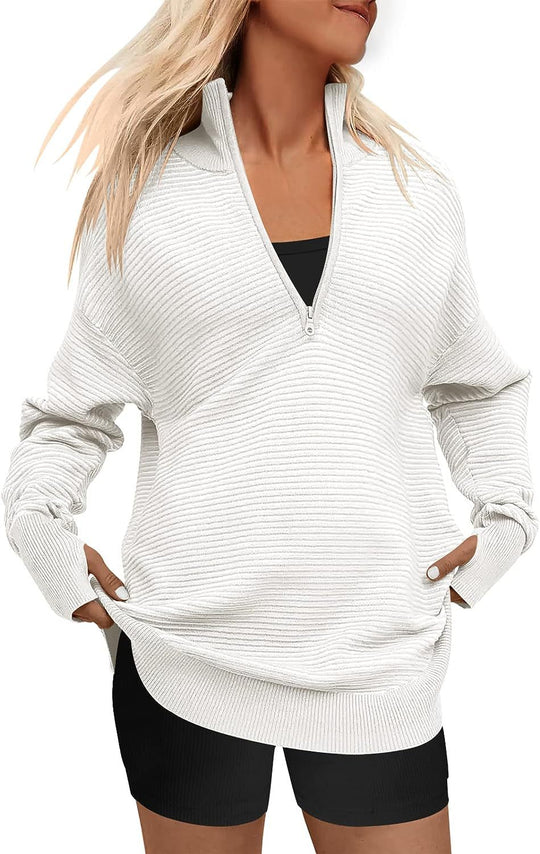 Damen Oversize-Feinstrickpullover mit halbem Reißverschluss, Stehkrragen und Daumenloch-Ärmeln Shop Nory