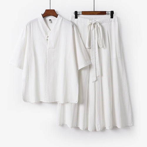 Unisex Zweiteiliges Kimono-Lounge-Set mit Stehkragen Kurzarmtop und weiter Bindbundhose Shop Nory