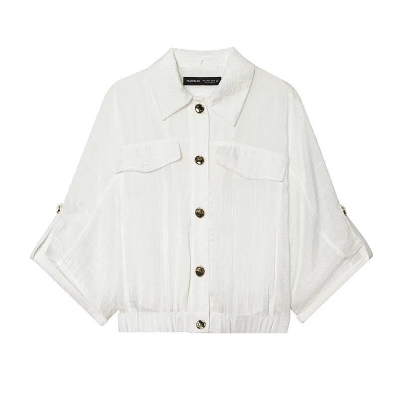 Damen kastige Overshirt-Jacke taillenkurz mit 3/4-Ärmeln und goldknöpfen Shop Nory