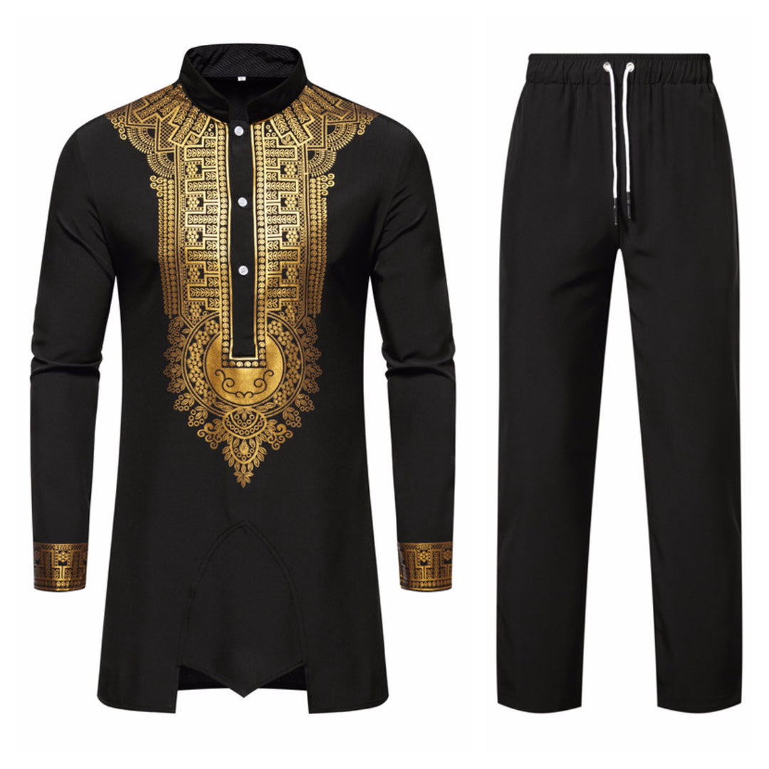 Herren Traditionelles Tunika-Set mit Stehkragen und goldfarbenem Ornamentdruck, Longshirt & Tunnelzughose Shop Nory