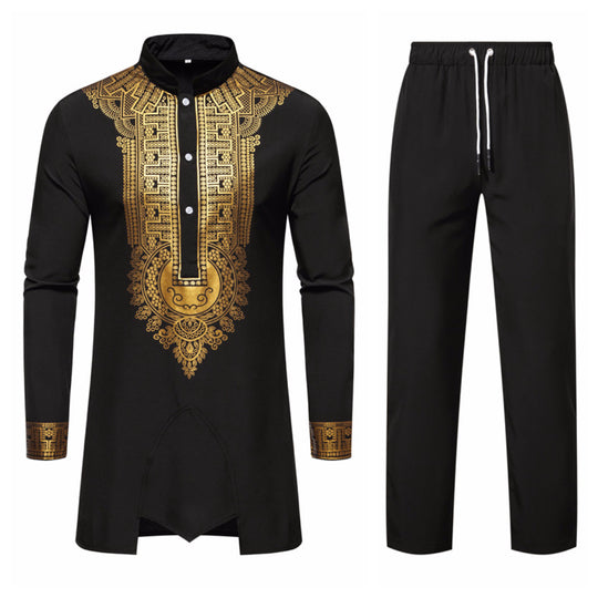 Herren Traditionelles Tunika-Set mit Stehkragen und goldfarbenem Ornamentdruck, Longshirt & Tunnelzughose Shop Nory