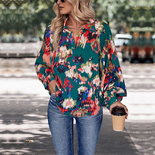 Damen Chiffonbluse mit weitem Ballonärmel, V-Ausschnitt und abstraktem Allover-Print Shop Nory