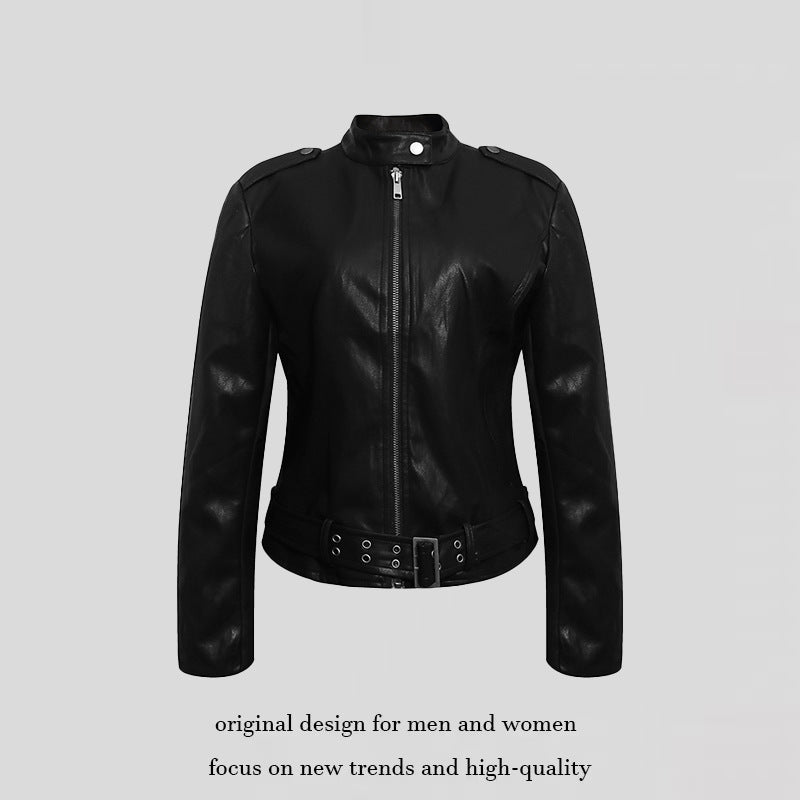 Damen Taillierte Lederoptik-Jacke mit Stehkragen, Schulterklappen und Taillengürtel Shop Nory