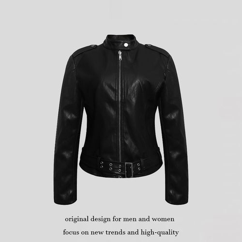 Damen Taillierte Lederoptik-Jacke mit Stehkragen, Schulterklappen und Taillengürtel Shop Nory