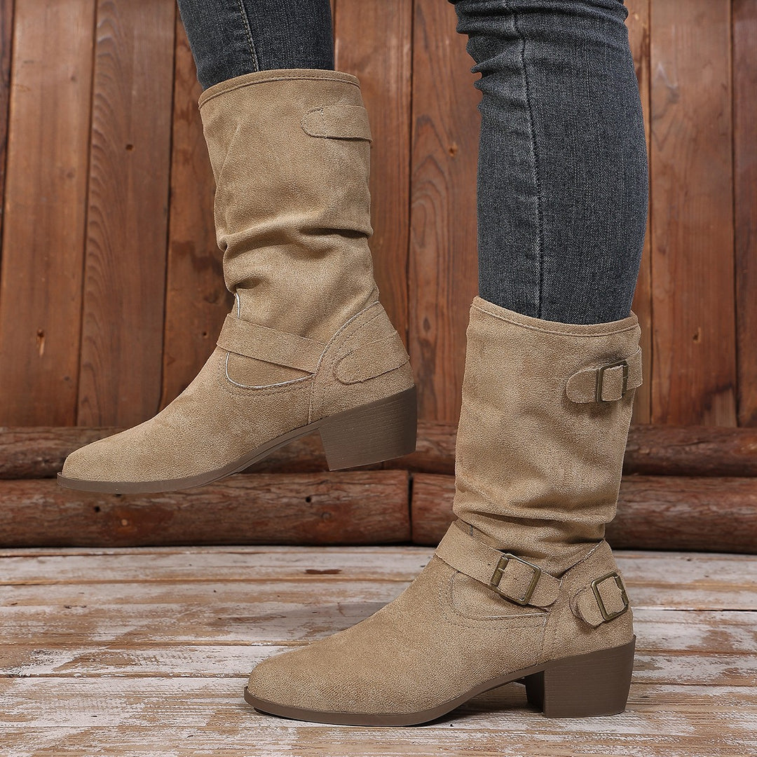 Damen Stiefeletten mit mittelhohem Blockabsatz und lässigem Slouch-Schaft Shop Nory