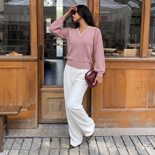 Damen V-Ausschnitt Strickpullover mit Jacquard-Muster Shop Nory