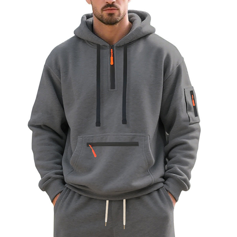 Herren Oversize-Kapuzenpullover mit halbem Reißverschluss, Kängurutasche mit Reißverschluss und Ärmel-Pocket Shop Nory