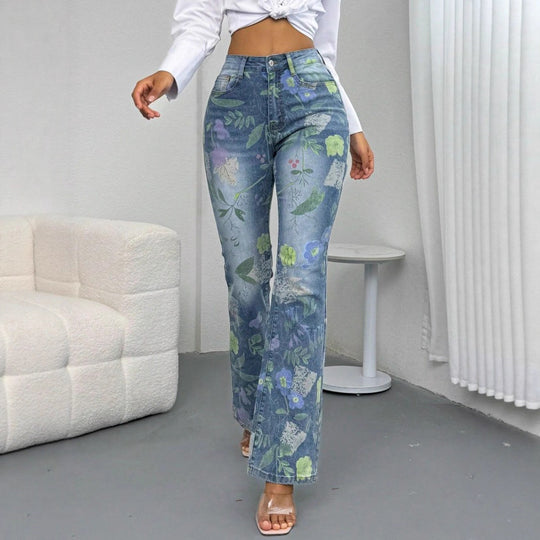 Damen Hochtaillierte Straight-Jeans mit floraler Allover-Print und leichtem Schlag Shop Nory