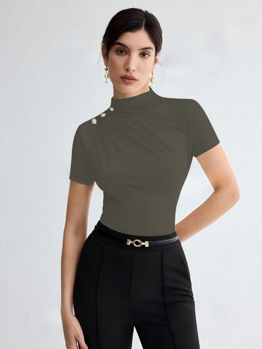 Damen elegantes Oberteil mit dekorativen Knopfdetails und modernem Stehkragen