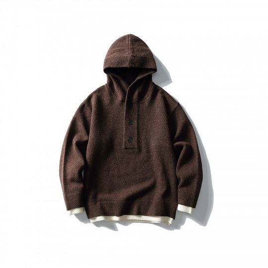 Unisex Strick‑Kapuzenpullover mit halber Knopfleiste, geripptem Saum und zweilagigem Abschluss Shop Nory