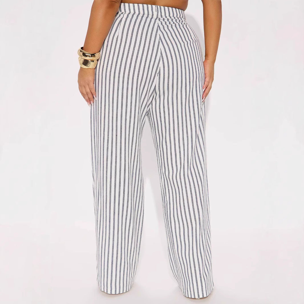 Damen Leinenoptik Palazzo-Hose mit hoher Taille und vertikalen Streifen Shop Nory