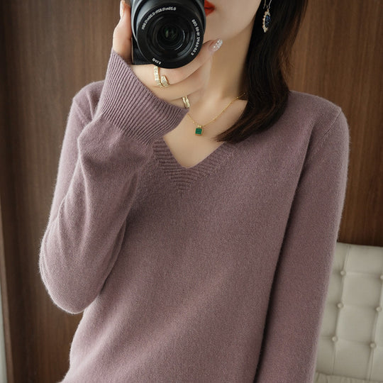 Damen Weicher V-Ausschnitt Kaschmirmix-Pullover mit feinen Rippbündchen Shop Nory