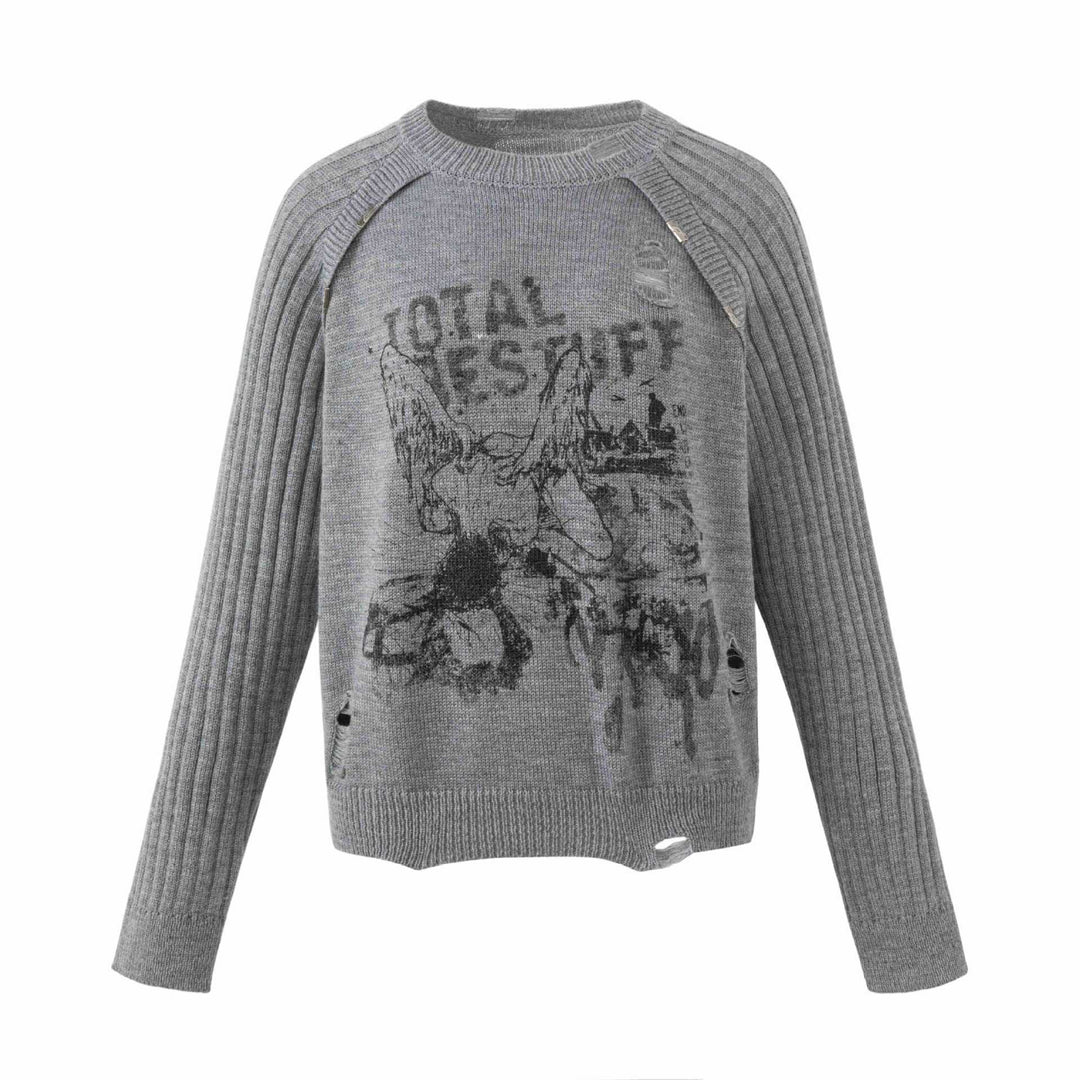 Damen Grobgestrickter Distressed Raglanpullover mit Retro-Grafikprint Shop Nory