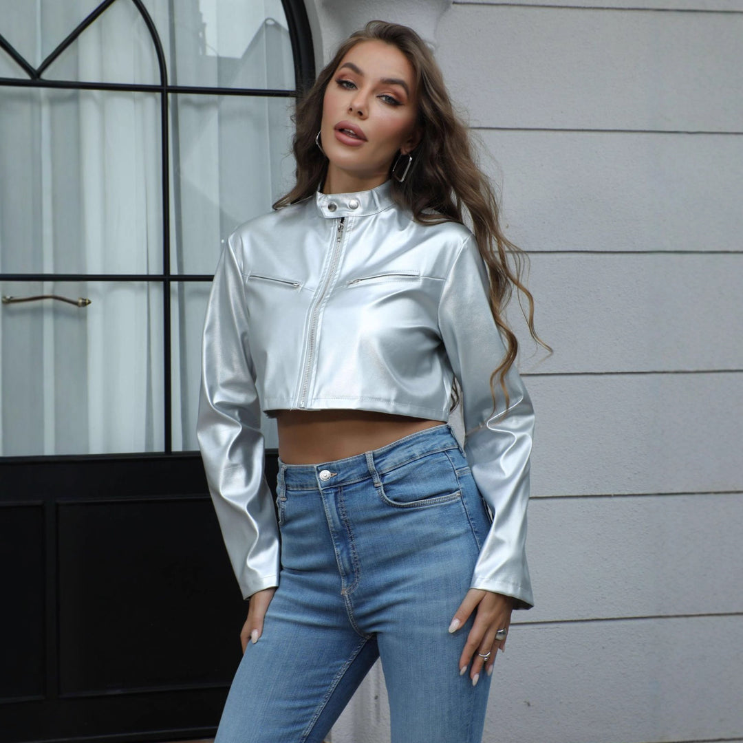 Damen Kurze glänzende Kunstleder-Bikerjacke mit Stehkragen Shop Nory