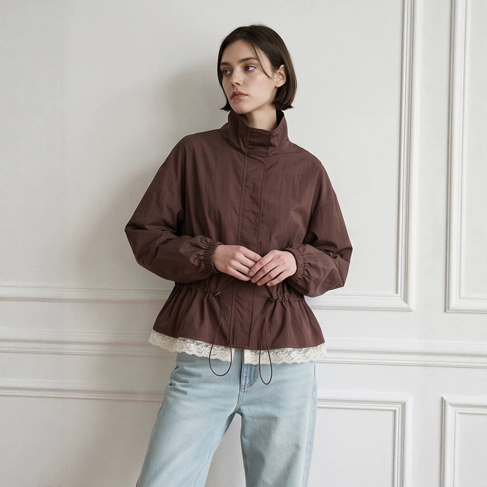 Damen Oversize-Windjacke mit hohem Stehkragen, Tunnelzug-Taille und elastischen Bündchen Shop Nory
