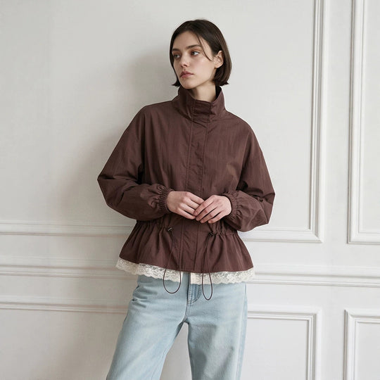 Damen Oversize-Windjacke mit hohem Stehkragen, Tunnelzug-Taille und elastischen Bündchen Shop Nory