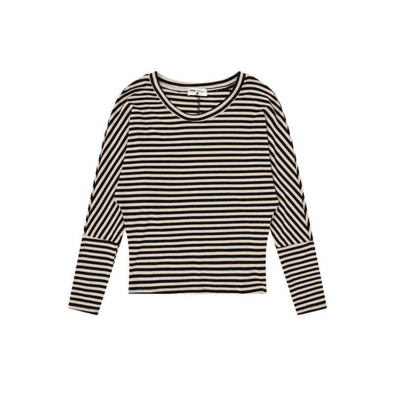 Damen Gestreiftes Langarm-Rundhals-Top aus Baumwollmischung Shop Nory