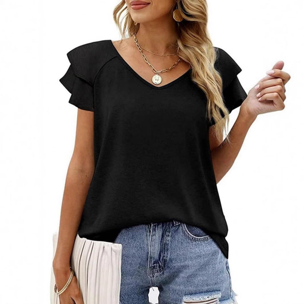 Damen V-Ausschnitt T-Shirt mit Rüschendetails