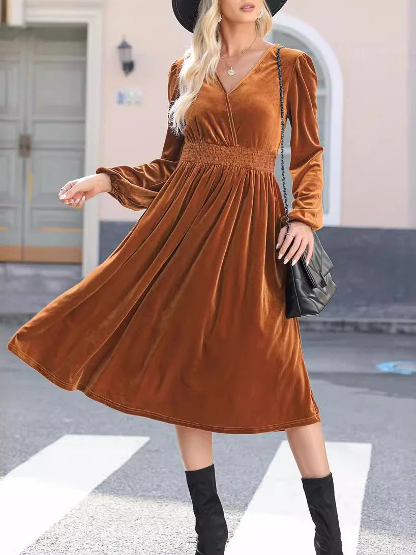 Damen Midikleid aus Samt mit V-Ausschnitt, geraffter Smock-Taille und langen Ballonärmeln Shop Nory