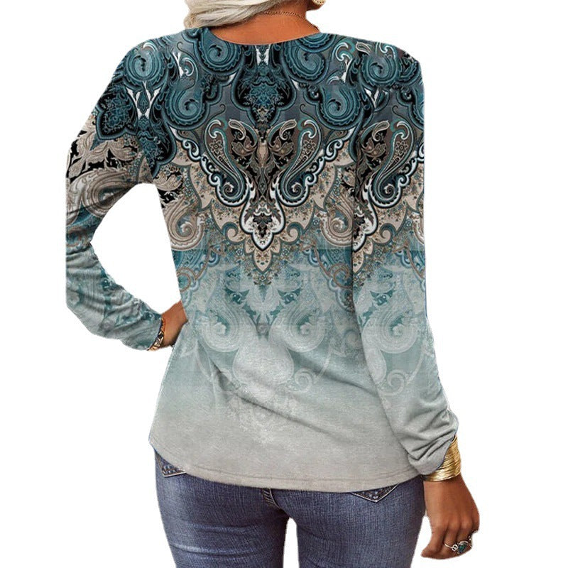 Damen Lockeres Langarm‑Henleyshirt mit V‑Ausschnitt, Knopfleiste und Ombre‑Print Shop Nory