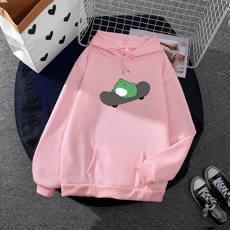 Unisex nan Kapuzenpullover mit Skater-Frosch-Print, weichem Fleece-Innenfutter und Kängurutasche Shop Nory