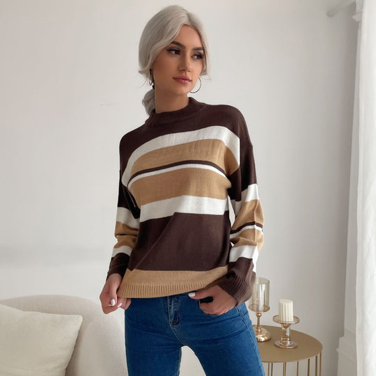 Damen Langärmliger Ringel-Feinstrickpullover mit kurzem Stehkragen und legerer Silhouette Shop Nory