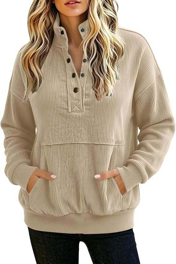 Damen gerippter Henley-Pullover mit Stehkragen und Kängurutasche Shop Nory